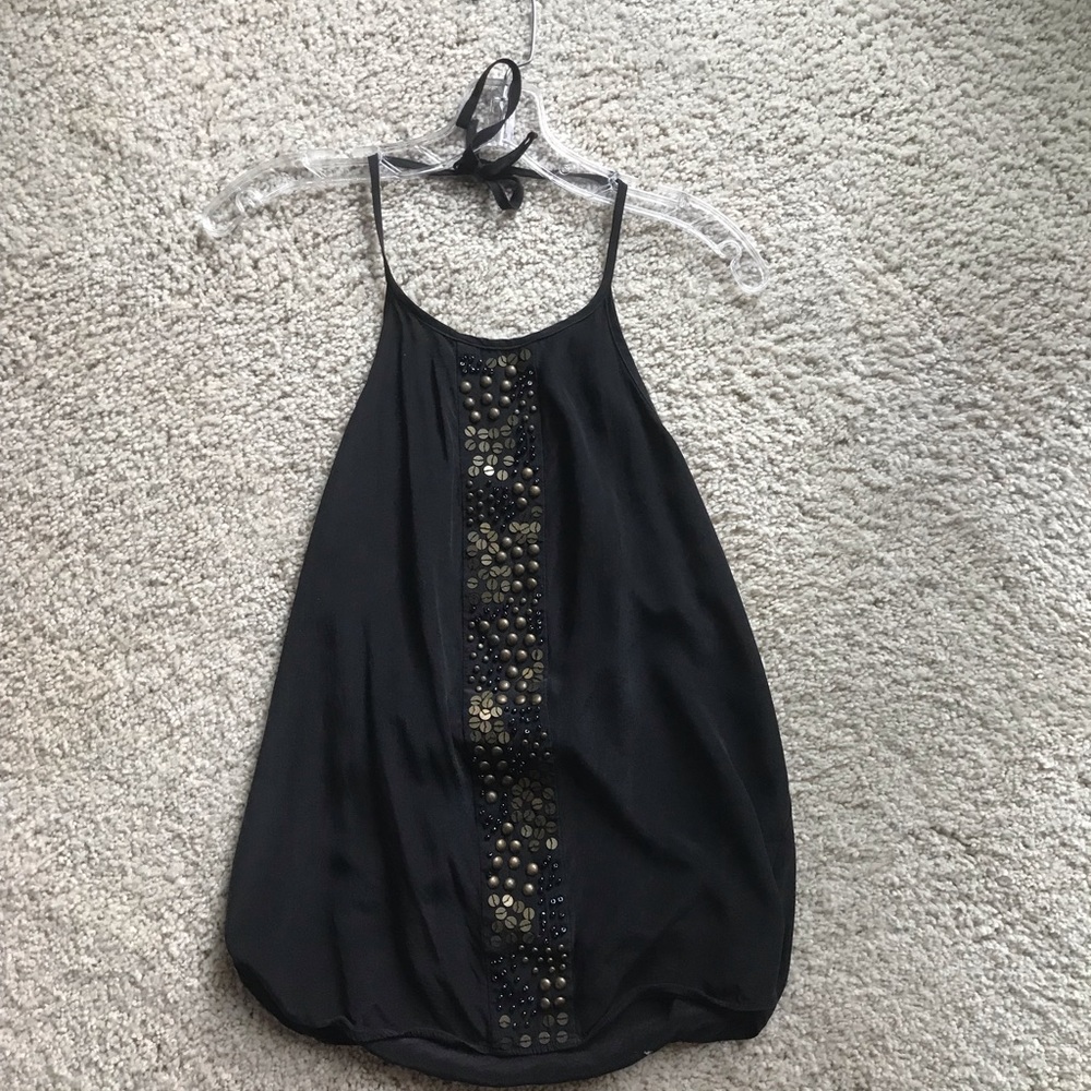 Black beaded %100silk halter top, size small.